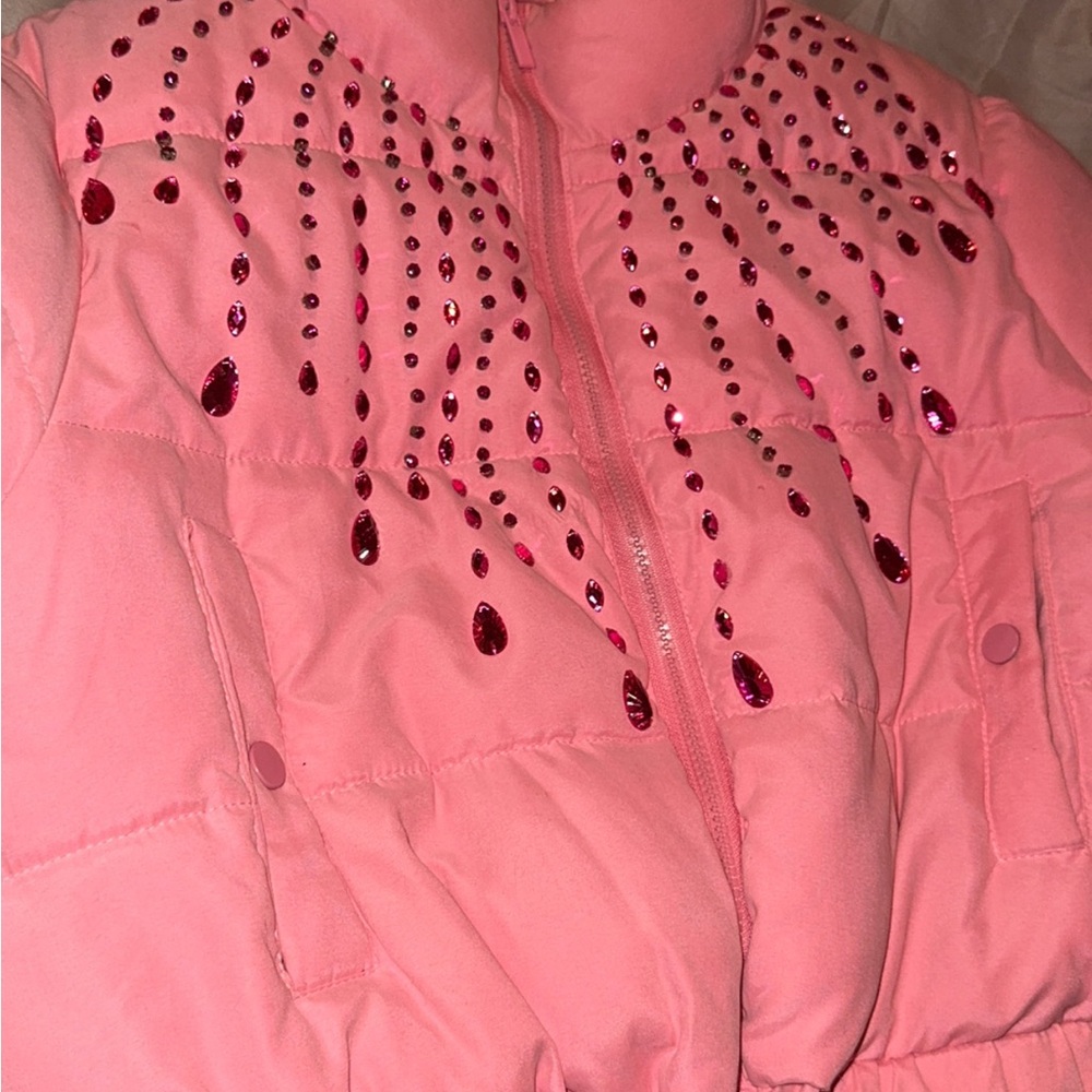 Pink Puffer Jacket with Rhinestone Design